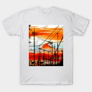 City and Snowy Mountain Sunset Scenery T-Shirt